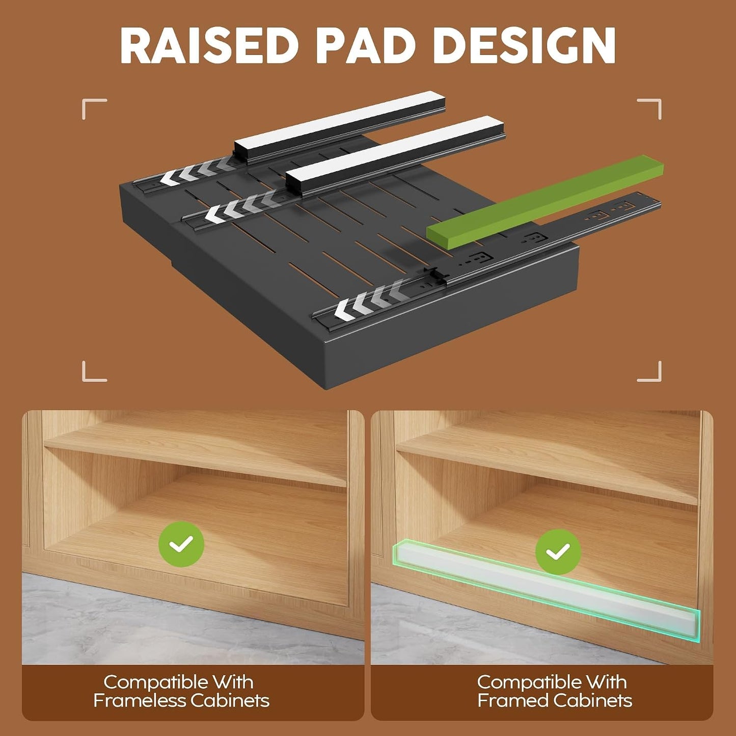 Seinloes 2Pack Expandable Pull Out Cabinet Organizer 21"Deep With Raising Pad for Framed Cabinets, Upgrade 3 Slide Rails Slide Out Drawers, Roll Out Shelves Adhesive,Adjustable Width 12.05"-20.4"White