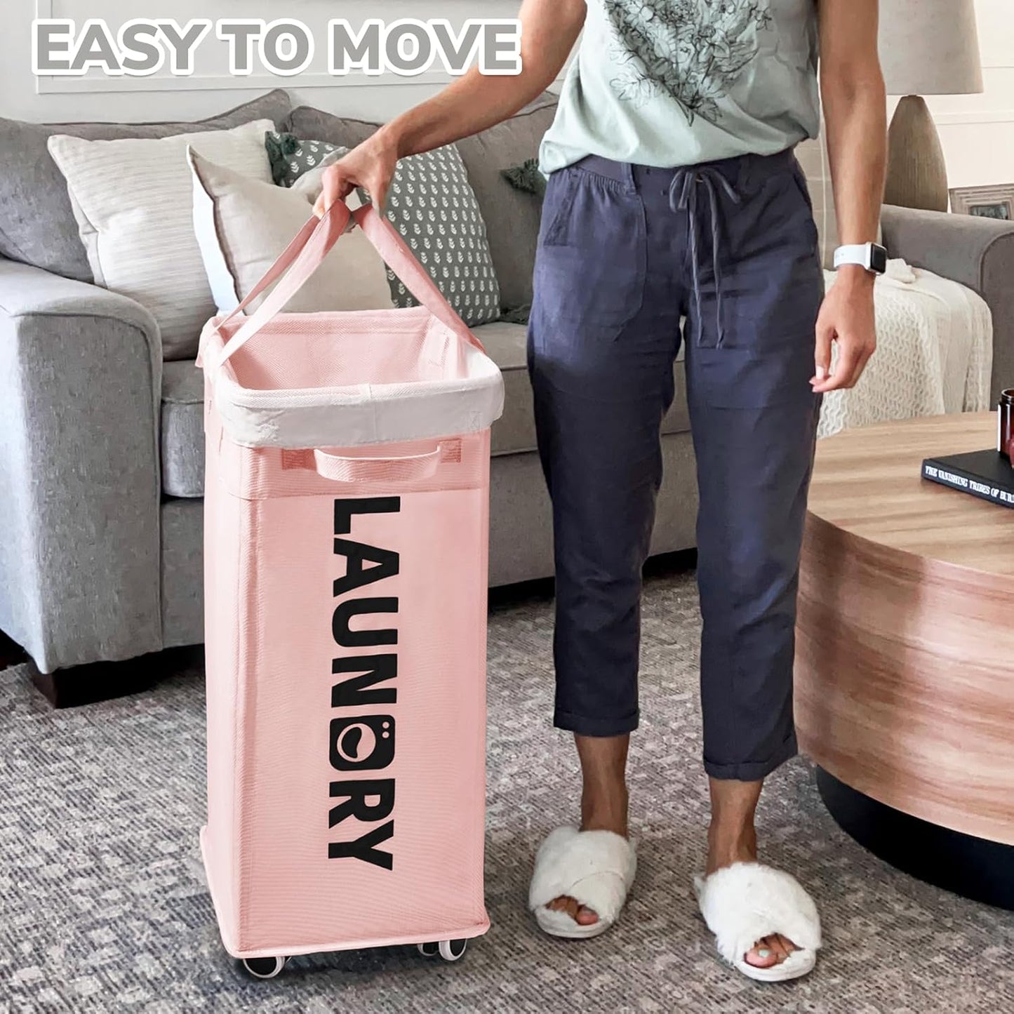 CHICVITA 75L Large Rolling Laundry Basket with Wheels & Wash Bag, Grey | Collapsible design saves space for corner dorms. Removable wash bag for easy laundry transport