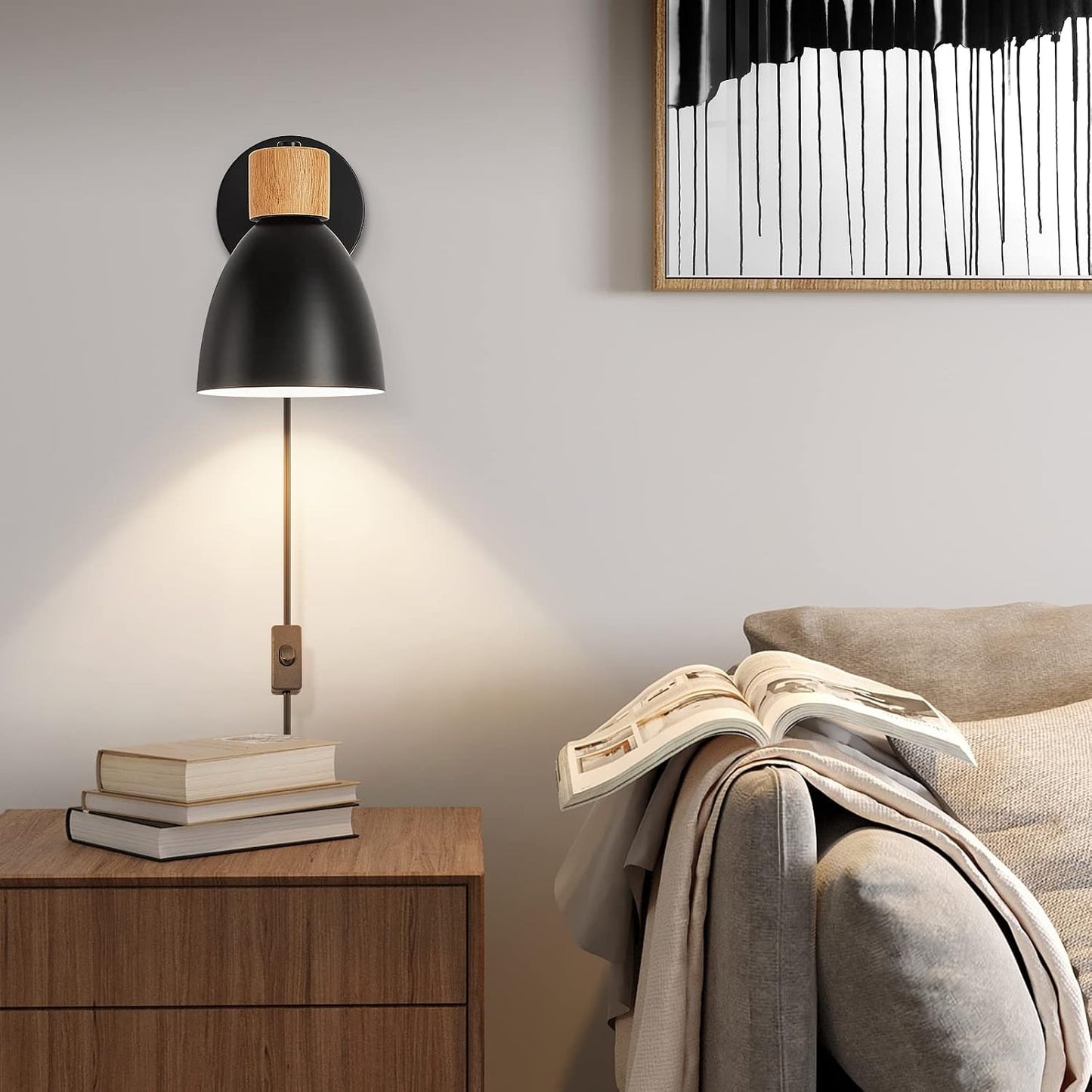 Wall Sconces Plug in, Swing Arm Wall Lamp with Power Cord, White Plug in Wall Lighting Fixtures Set of Two, Bedside Wall Mounted Reading Lamp with Switch, for Bedside Bedroom Hallway