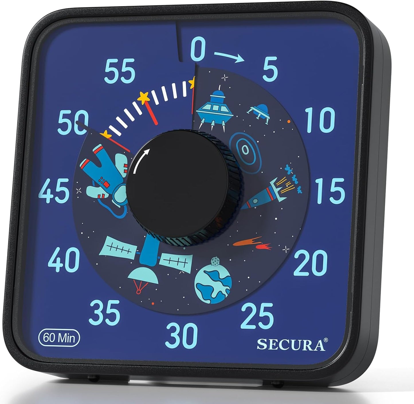 Secura 7.5-Inch Rocket Pattern Visual Timer for Kids, 60-Minute Countdown Timer for Classroom or Kitchen, Durable Mechanical Timer Clock with Magnetic Backing (Blue)
