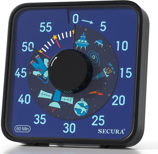 Secura 7.5-Inch Rocket Pattern Visual Timer for Kids, 60-Minute Countdown Timer for Classroom or Kitchen, Durable Mechanical Timer Clock with Magnetic Backing (Blue)