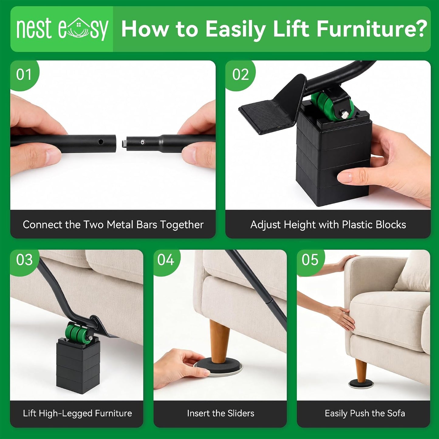 Furniture Lifter Tool 8-Pack of 3.5" Sliders, Save 80% Effort | Complete Moving Kit with Cushioned Pad - Effortlessly Moves Sofas, Couches & Appliances on Carpet or Hardwood Floors Safely