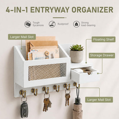 FifthQuarter Key and Mail Holder Wall Mount with Drawer and 6 Sturdy Hooks | Cute Rustic Farmhouse Wooden Key Hanger, Reliable Entryway Organizer for Keys and Daily Essential, Easy Installation, A-White