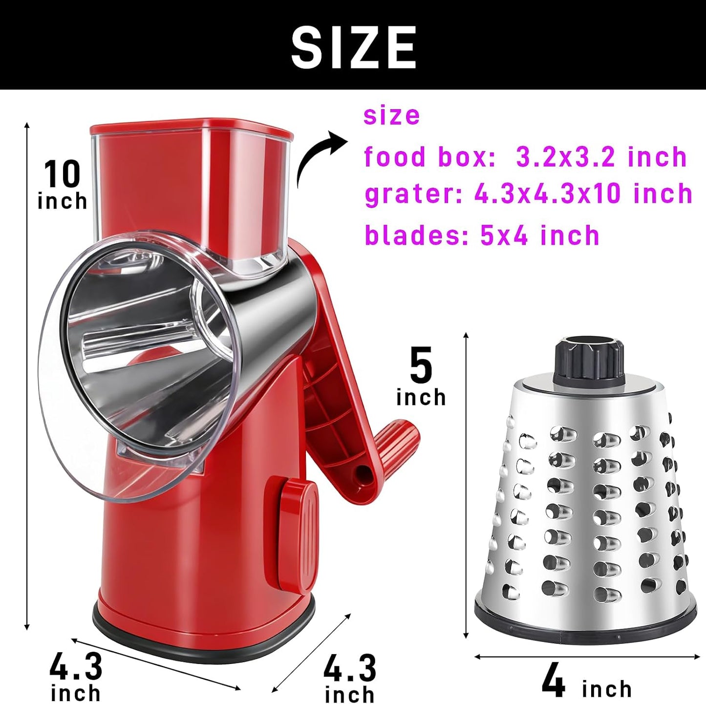 Weltonhm 4 in 1 Large Rotary Cheese Grater Hand Crank (black, 3 Graters) | Cheese Shredder Rotary and Slicer with 4 Stainless Steel Blades for Vegetables, Veggie and Cheese, Stronger Suction Base