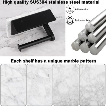 Toilet Paper Holder with Natural Marble Shelf for Bathroom Washroom,Wall Mounted Tissue Holder Suitable for Mega Roll (Brushed Nickel,Small 6.7 * 4.3 in)