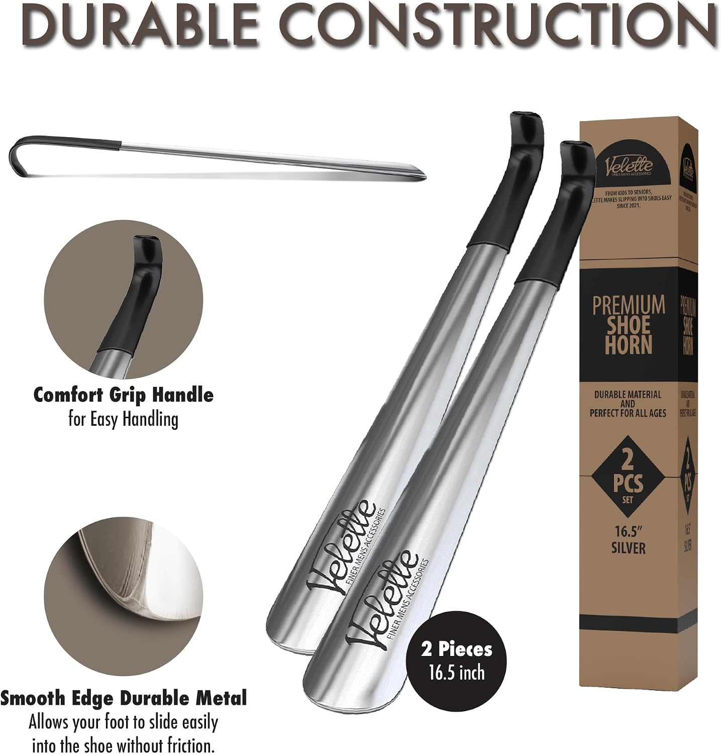 Metal Shoe Horn Long Handle for Seniors - Stainless Steel 2 Pack | 16.5 in + 7.5 in Travel Size, Shoehorn Fits Boots Sneakers Dress, Men Women Kids Elderly, Calzador de Zapatos, Helper Tool