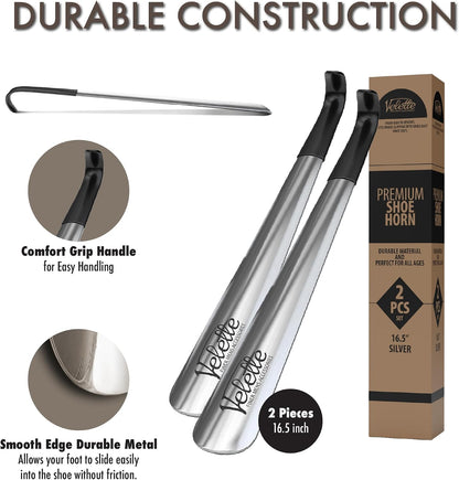 Metal Shoe Horn Long Handle for Seniors - Stainless Steel 2 Pack | 16.5 in + 7.5 in Travel Size, Shoehorn Fits Boots Sneakers Dress, Men Women Kids Elderly, Calzador de Zapatos, Helper Tool