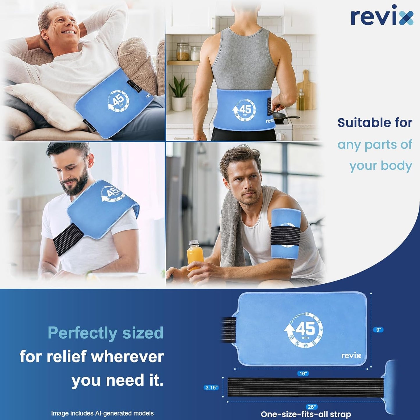 REVIX Ice Pack for Injuries Reusable, 14 × 7" Gel Cold Compress with Strap | 45-Min Long-Lasting Gel Cold Pack for Knee, Shoulder, Lower Back, Leg, Flexible Ice Wrap, Universal Use for Arm, Hip