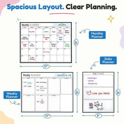 3 Pack Magnetic Dry Erase Calendar for Fridge, 17" x 12" Fridge Planner | Stain-Resistant Magnetic Calendar for Refrigerator with 6 Magnetic Markers & 1 Eraser - Monthly, Weekly & Daily Planner Set