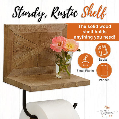 Autumn Alley Rustic Farmhouse Toilet Paper Holder with Shelf for Wipes - Rustic Farmhouse Bathroom Decor - Farmhouse Bathroom Accessories and Western Bathroom Decor Wall Mounted, Brown Wood