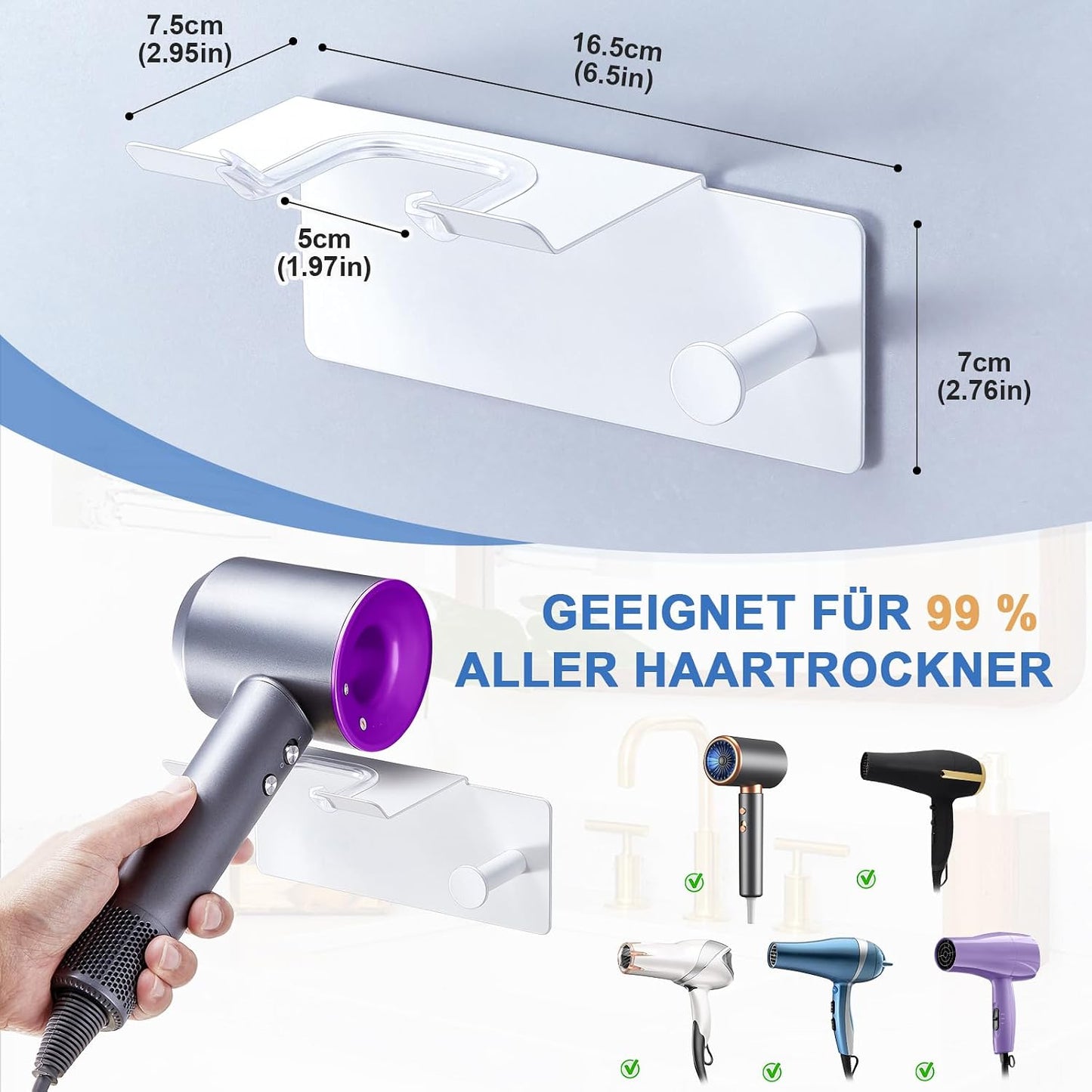 Hair Dryer Holder Wall Mounted, Blow Dryer Holder Adhesive, Metal Hairdryer Holder for Bathroom, Hair Tool Organizer with Plug&Cord for Cabinet Bathroom Bedroom Barber Shops (Rose Gold)