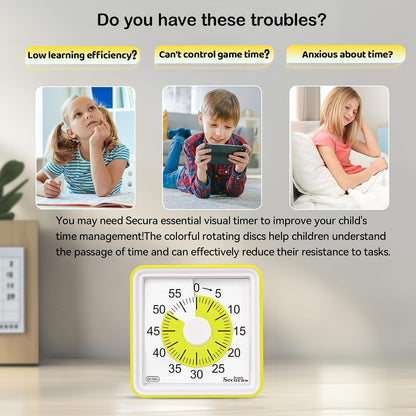 Secura 60 Minute Essential Visual Timer for Kids, Countdown Clock Timer for Special Education, Classroom, School, Desk, Home, Office, Silent Non-Ticking Time Management Tool (Yellow & Yellow)