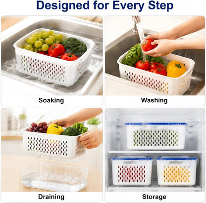 3 Pcs Fruit Storage Containers for Fridge, Produce Storage Containers with Removable Colander Basket & Airtight Lid,food storage containers, for Fruits, Vegetables & Meat