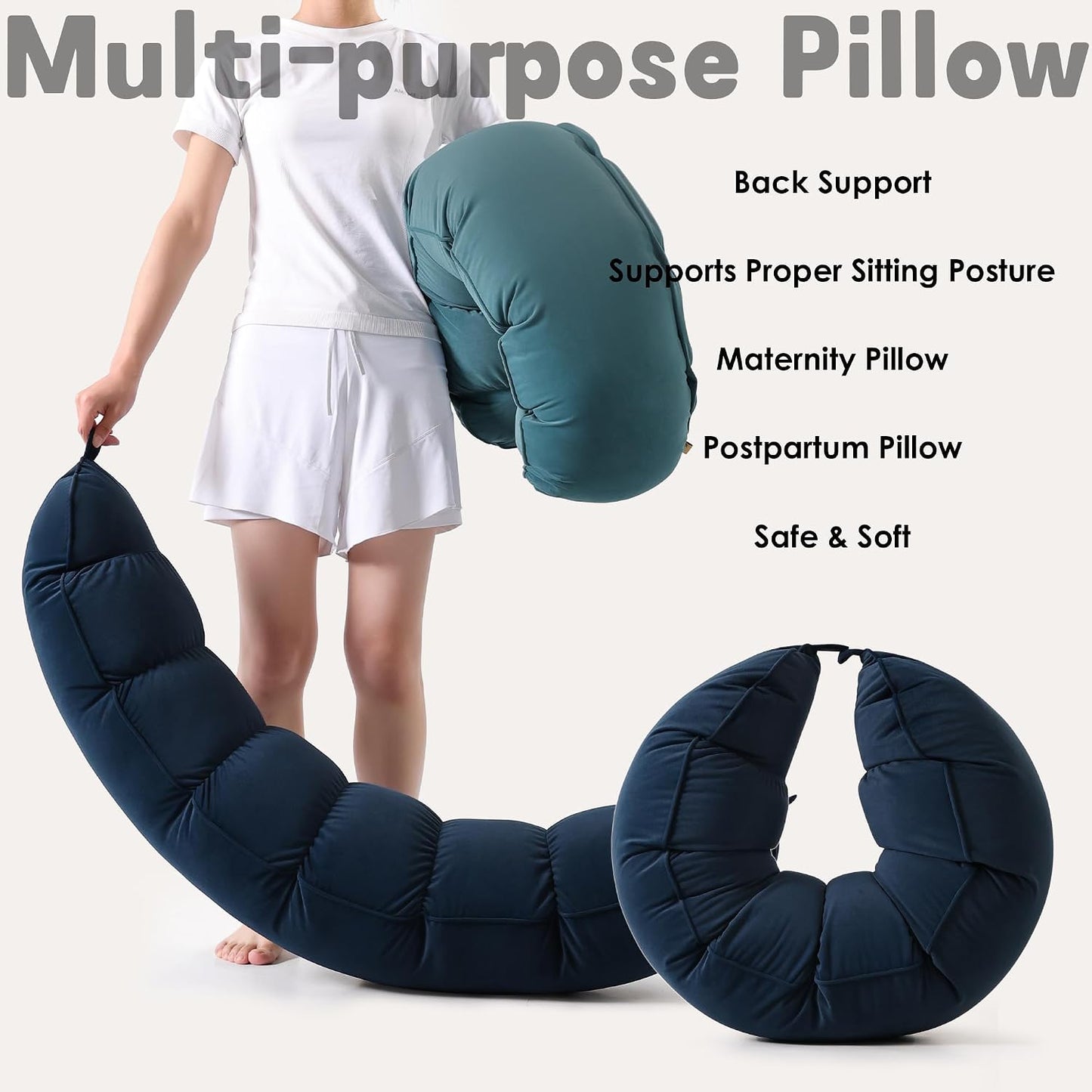 Peallow(Pat. Pend) – Long Round Body Pillow for Adults, Bolster Pillow for Sleeping, Soft and Supportive Pillow for Sleeping & Lumbar Support (Green-White, 29.5")