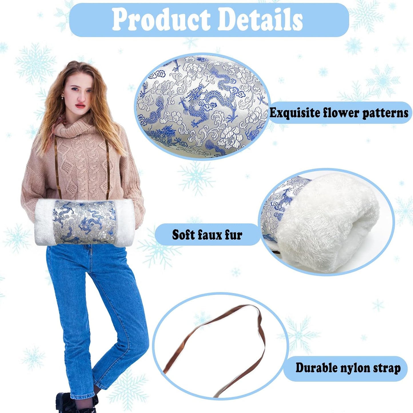 Faux Fur Hand Muffs for Women, Soft Exquisite Flower Pattern Hand Warmer Pouch with Neck Cord, Warm Hand Muffler for Cold Weather, with Pearl Butterfly Brooch