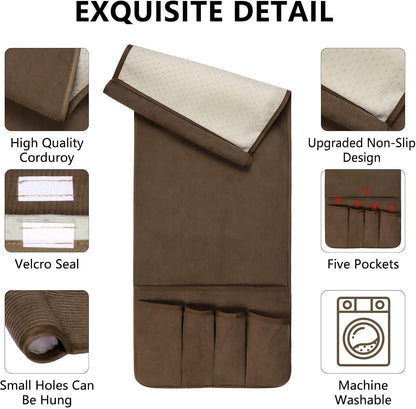 Remote Control Holder, Anti Slip Armchair Caddy Couch Caddy with 5 Pockets | Remote Holder Couch Caddy with 5 Pockets for Storage Accessories Bedside Organizer Senior Gifts (Beige,35''x12.4'')