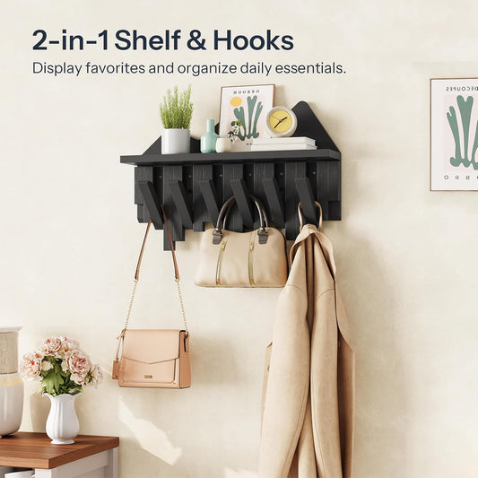 HOOBRO Wall Hooks with Shelf, Coat Rack with Shelf Wall-Mounted, Entryway Wall Key Holder, Hat Rack for Walls, Purse Hanger for Wall, Entryway Hanging Shelf with 6 Retractable Pegs, Black BK46YM01