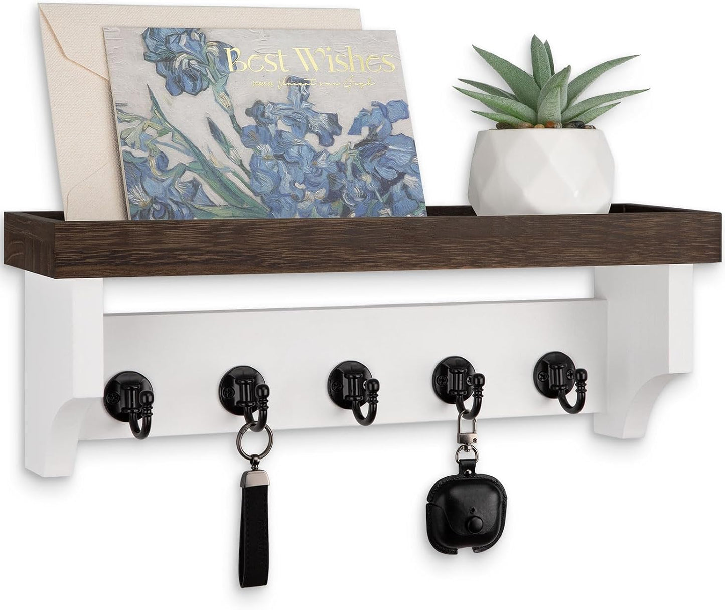 Key and Mail Holder Wall Mount, Mail Organizer with 5 Key Hooks | Key Holder with Shelf, Key Holder for Coat, Dog Leash, Home Decor Rack, Entry Way Organizer