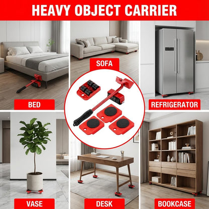 Furniture Lift Tool Set, Upgrade Furniture Movers Sliders Furniture Lifter Tool,Furniture Movers with Adjustable Height Lifting Tool Lever & 4 Wheels, Mover Dolly Sliders Tool (Red)