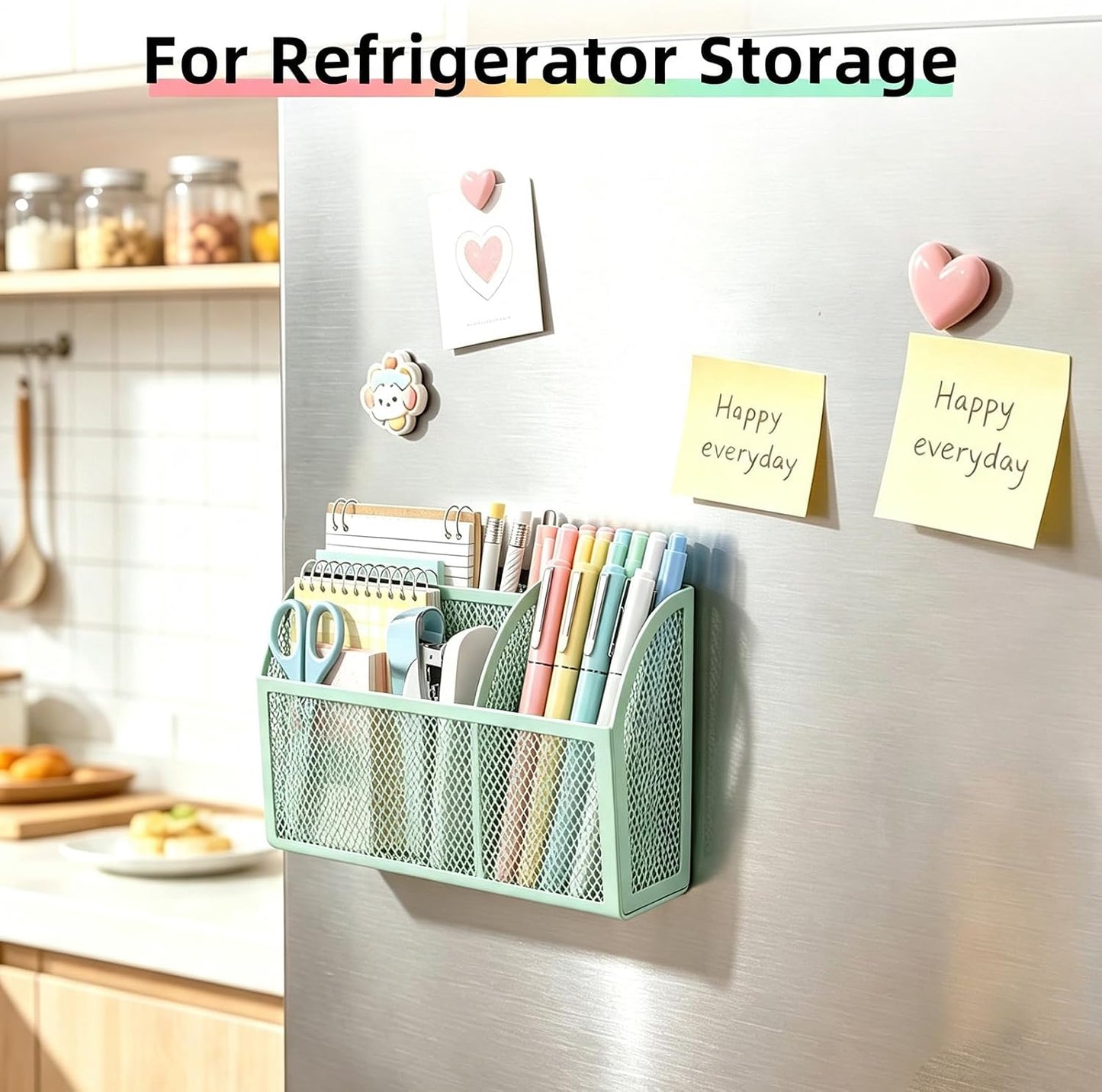 Magnetic Pencil Holder, Magnetic Organizer for Locker Accessories, Black | Mesh Marker Holder with Strong Magnets and 3 Compartments for Whiteboards Refrigerators and Magnetic Lockers