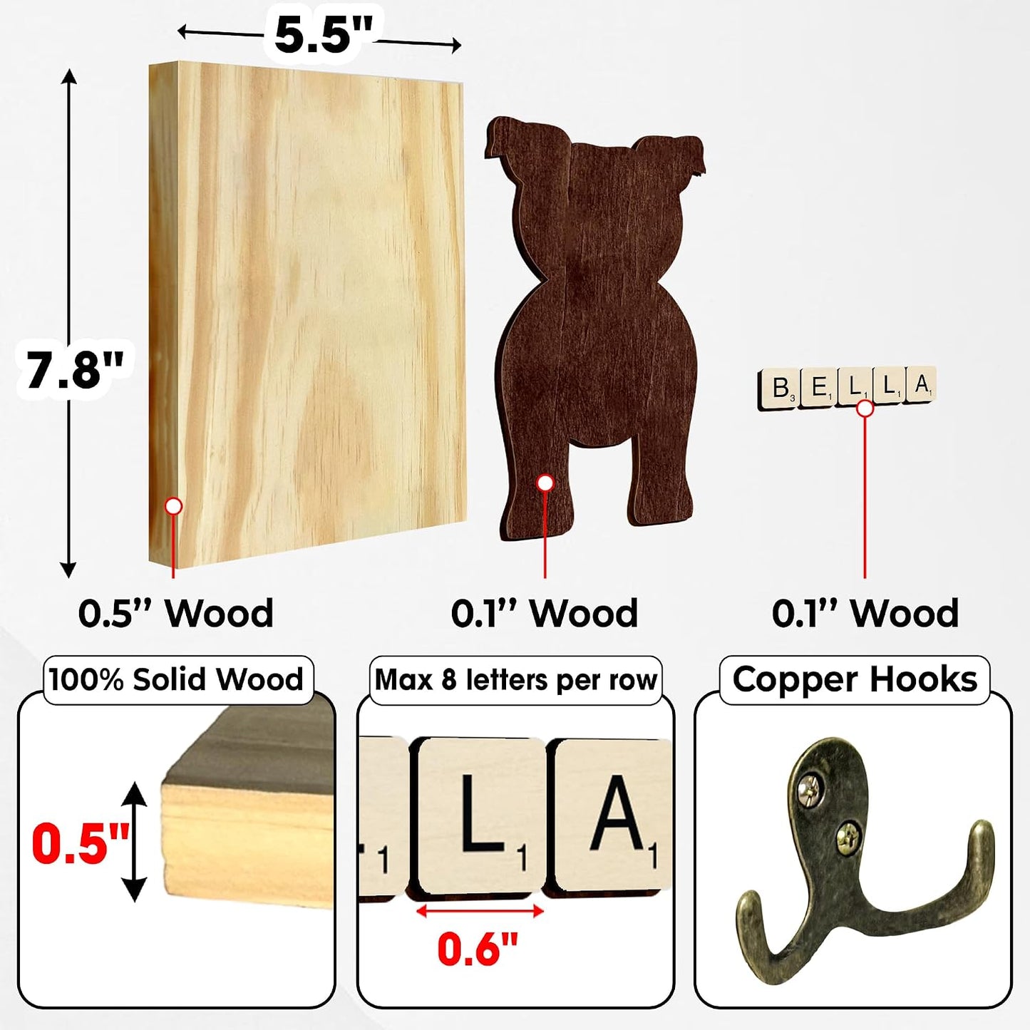 Dog Leash Holder Wall Mount, Pet Harness Hanger with Scrabble Letters, Dog Collar Organizer for Entryway, Memorial Cat Leash Holder for Wall, Pet Loss Gifts, Keepsake, Home Decor PF212-NAT