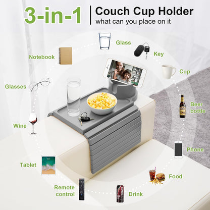 Couch Cup Holder - 3 in 1 Sofa Arm Tray with 360° Rotating Cup Holder & Phone Stand,Arm Chair Rest Table Fits Various of Large Width Couches Armrest,Anti-Slip Foldable Couch Tray for Drinks