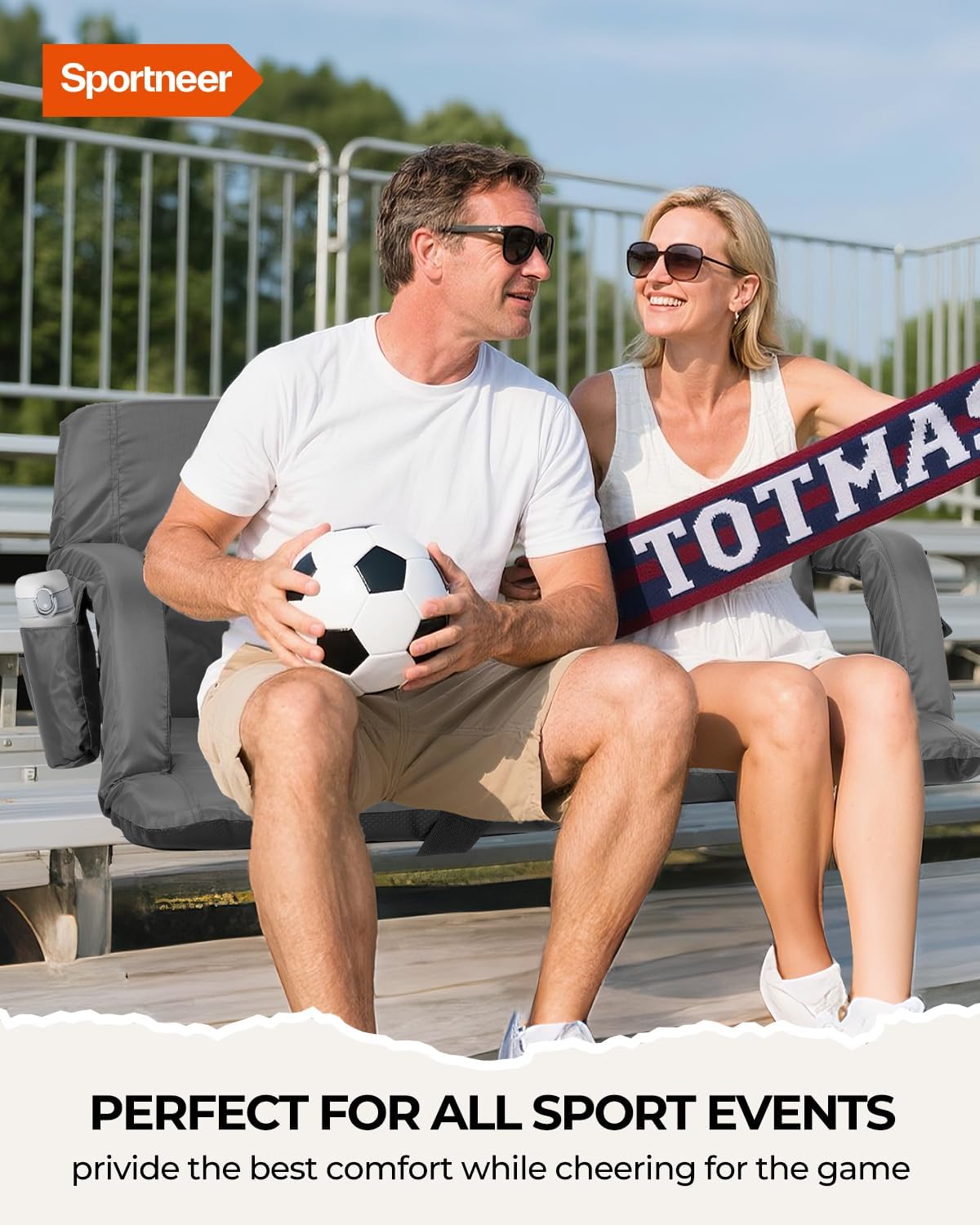 Sportneer Stadium Seats with Back Support: 2.5'' Thick Comfy Cushion 6 Adjustable Angle Bleacher Seat with Armrest - 2 Large Pockets, 2 Cup Holders Stadium Chair for Sport Events Concerts Parks