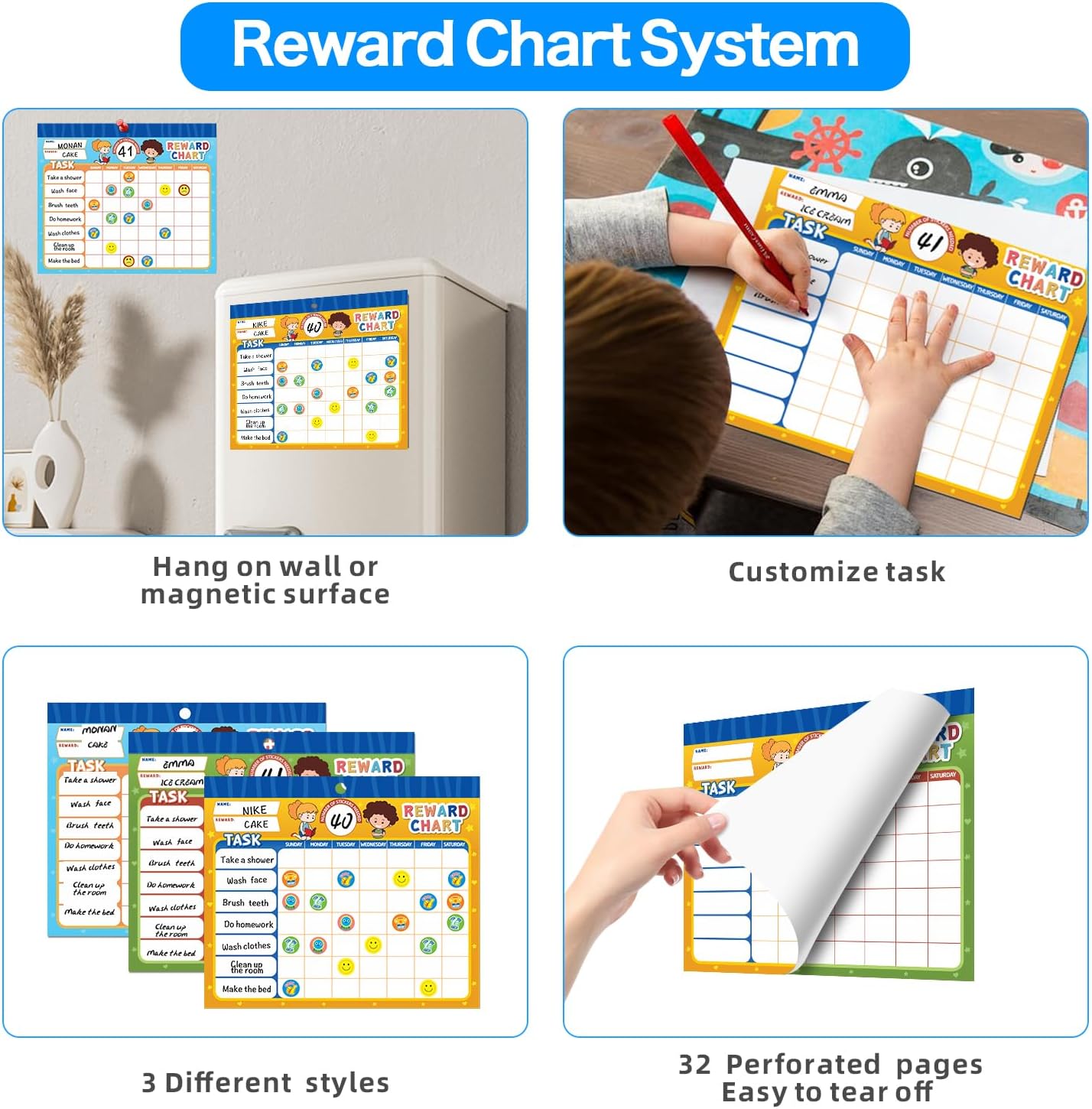 ANSTROUT Boho 32 Chore Charts Behavior Reward Chart System,Sticker Chore Chart Pad for Students with 2328 Stickers, 12.2" x 9.8" Magnetic Reward Chart to Develop Responsibility & Good Habits.