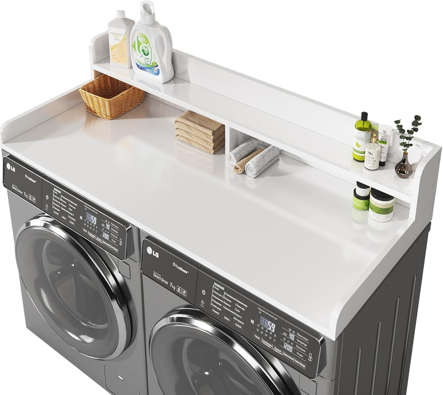 2-Tier Washer and Dryer Countertop with 2.75" H Guard,54" W x 27.5" D Laundry Countertop Cover with Non-Slip Pad,Large Space Laundry Topper for Folding Clothes Over Washer and Dryer-White