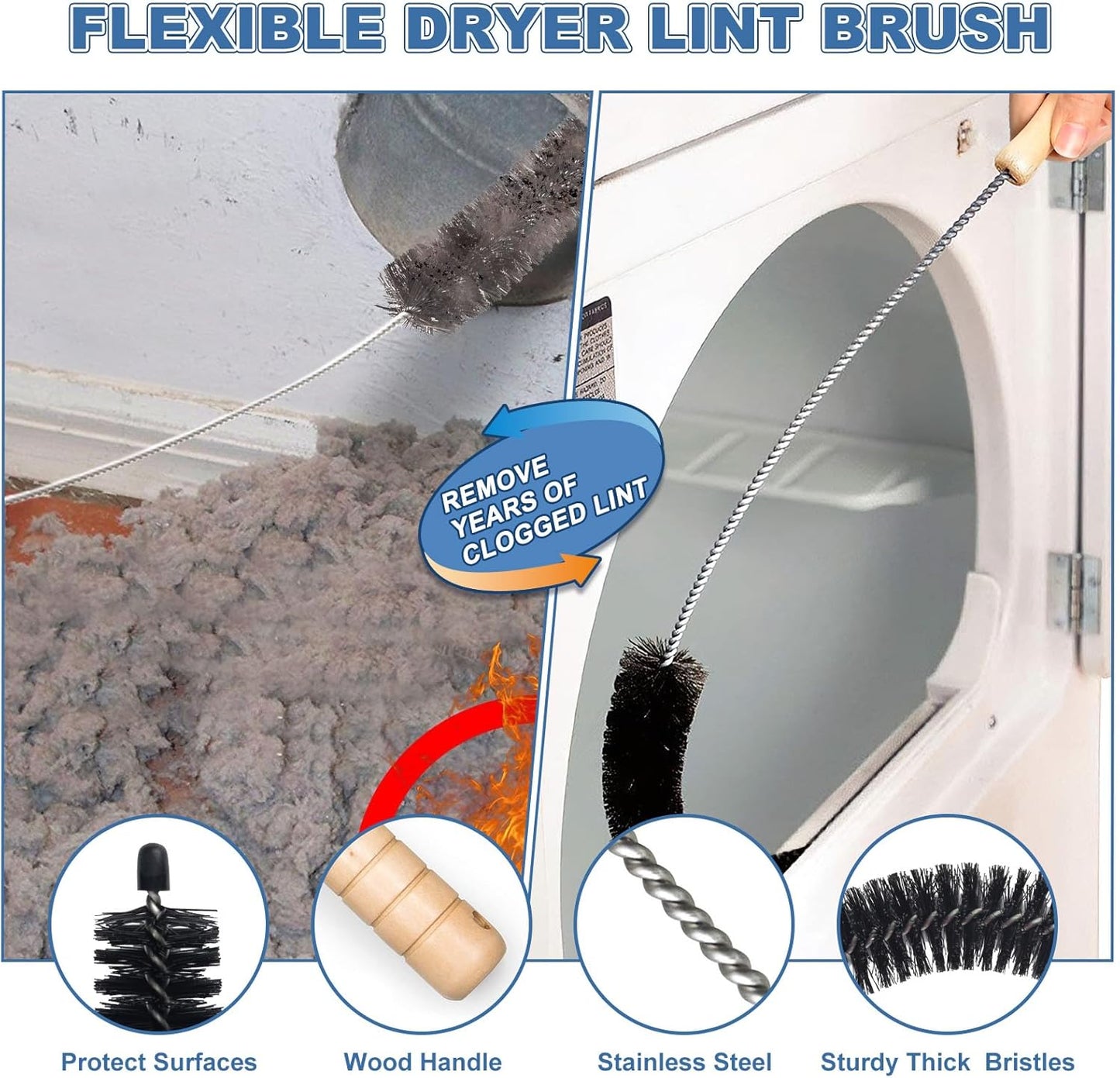 2Pcs Dryer Vent Cleaner Kit, Lint Brush & Universal Vacuum Hose Blue | Universal Flexible Hose Without Whistling Noise | Reach Deep Traps - Remove Hidden Lint, Speed Drying & Reduce Fire Risk