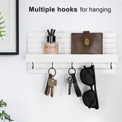 Lwenki Decorative Key Holder for Wall with Shelf, Entryway Shelf with Hooks Holds Leashes, Jackets and Glasses – Sturdy Wood Keyholder Entrance Hanger with Mounting Hardware (Black, Medium)