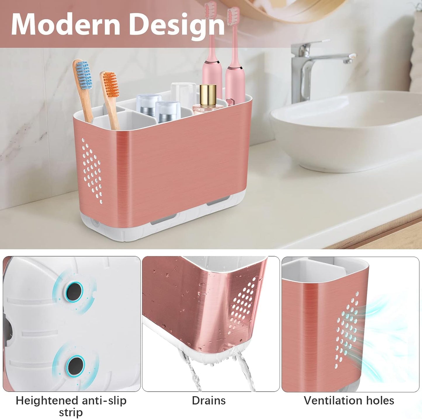 Boperzi Toothbrush and Toothpaste Holder Drainage for Bathroom Countertop with Adjustable Dividers, Large Toothpaste Caddy Organizer Storage Rustic Decor Set Anti-Slip for Shower,Family,Kids Gray