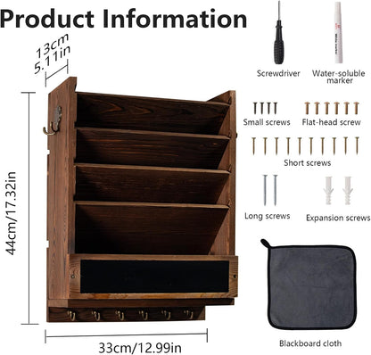 Rustic wall mail organizer,Key and Mail File Holder for Wall Mount | 6 Key Hooks 2 Double Key Hooks A blackboard,for Home,Office, Classroom,Entryway Decor (brown)
