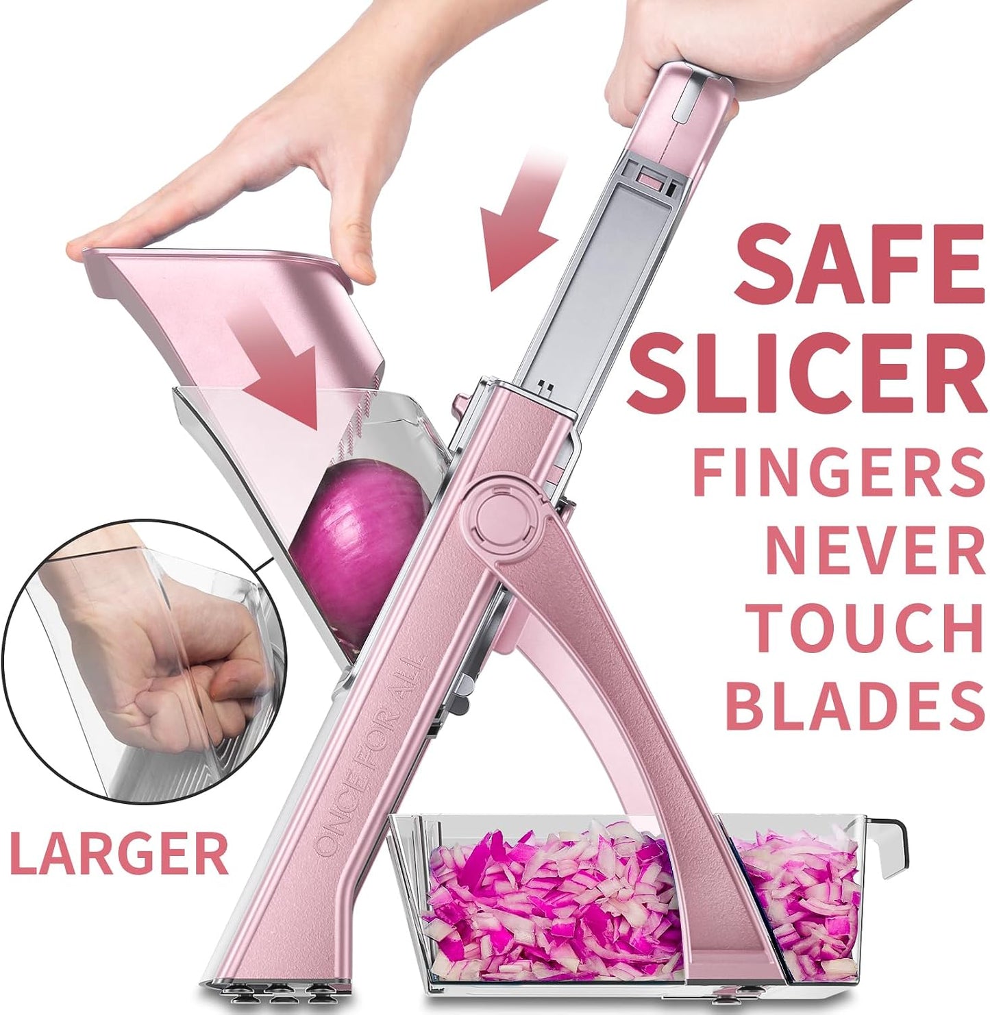ONCE FOR ALL Safe Mandoline Slicer Plus, Bigger Size, Potato Slicer, Black | 0.1-8mm Adjustable Vegetable Food Chopper, Kitchen Mandoline Slicer Stainless Steel, Detachable Blade, Dishwasher-safe, Gift