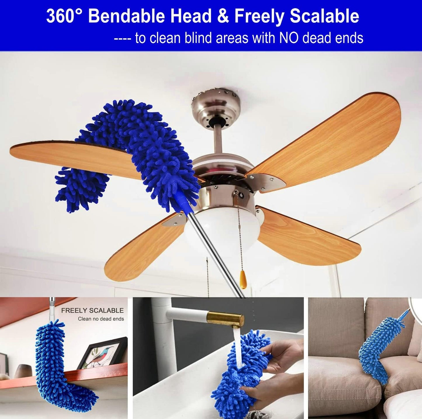 Retractable Gap Dust Cleaner Under Appliance Microfiber Duster Dust Brush with Extension Pole (36 to 49 inches) Cleaning Duster for Bed High Ceilings Furniture Bottom Household Gap Duster Gray