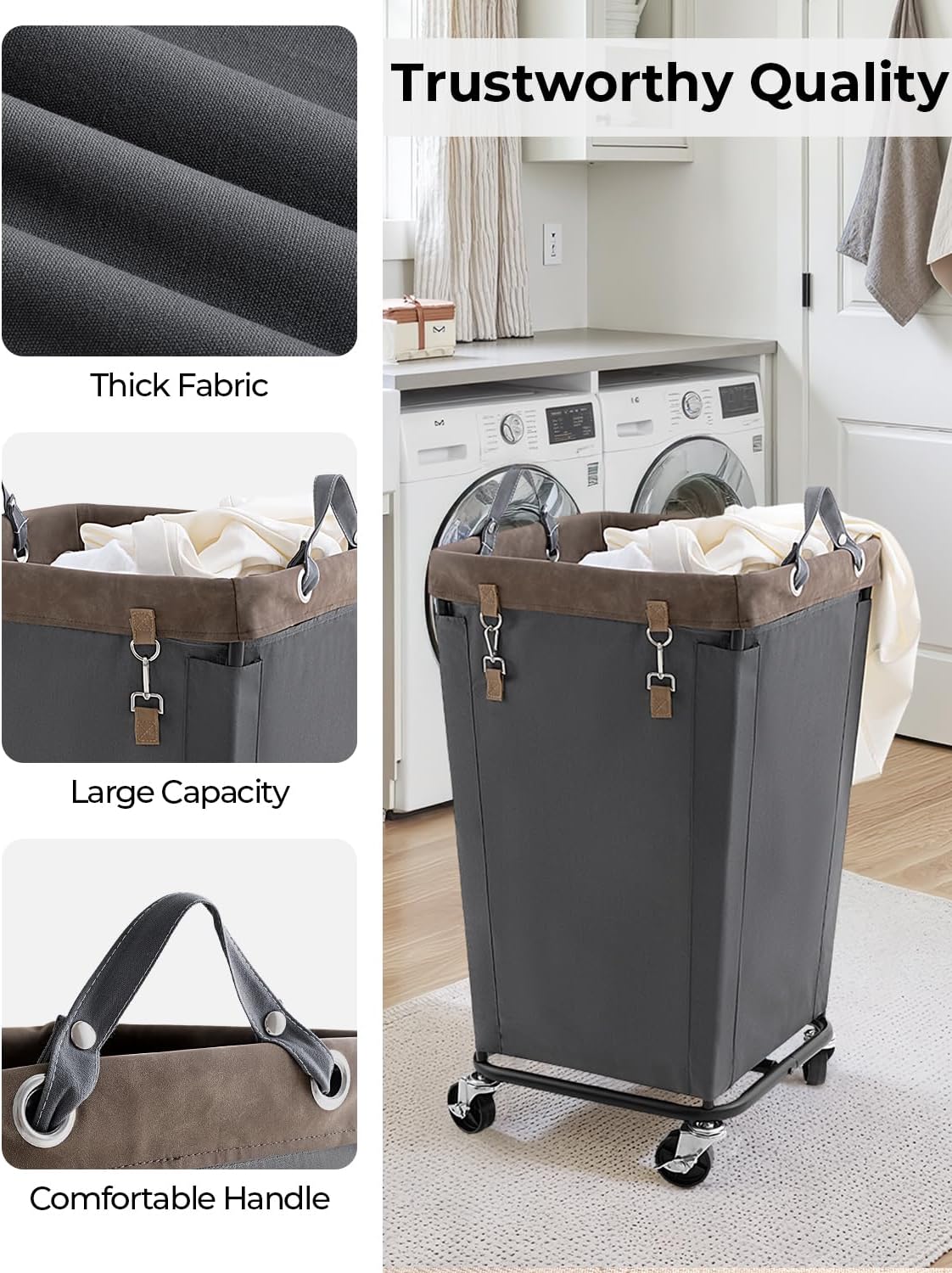 StorageWorks 160L Laundry Basket with Wheels, Rolling Hampers for Clothing | Beige Laundry Basket with Wheels, Metal Frame & Handles, Rolling Hamper for Bedroom, Bathroom, Dorm, Hotel