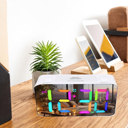 Dpofirs Alarm Clock for Heavy Sleepers with Bed Shaker, 7 Inch Mirror Display, RGB Night Light, 115dB Extra Loud Volume, Dual Alarms, USB Charger for Adults Seniors (Black)