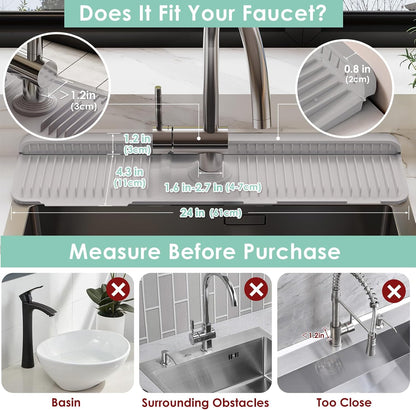 24-Inch Silicone Faucet Mat for Kitchen Sink Splash Guard, 7° Slope | 24"x5.5" water draining mat with fasten button; 1.6-2.75" customizable hole for bathroom, RV & kitchen sink drip catcher.