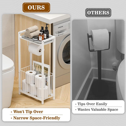 Freestanding Toilet Paper Holder with Storage Shelf | Bathroom Tissue Stand with Space for Phone, Tablet, and Magazines – All-in-One Toilet Roll Dispenser and Organizer