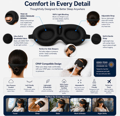 3D Sleep Mask for Side Sleepers, Blackout Eye Mask for Sleeping Women & Men, Zero Pressure Eye Cups, CPAP Friendly, Soft Adjustable Light Blocking Mask (Black)