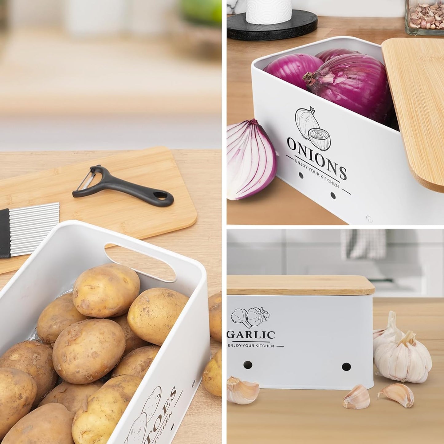 Kitchen Vegetable Storage Set of 3, Metal Onion Garlic Potato Storage Set, Kitchen Canisters Vegetable Keeper Containers with Aerating Holes and Bamboo Lid,Black