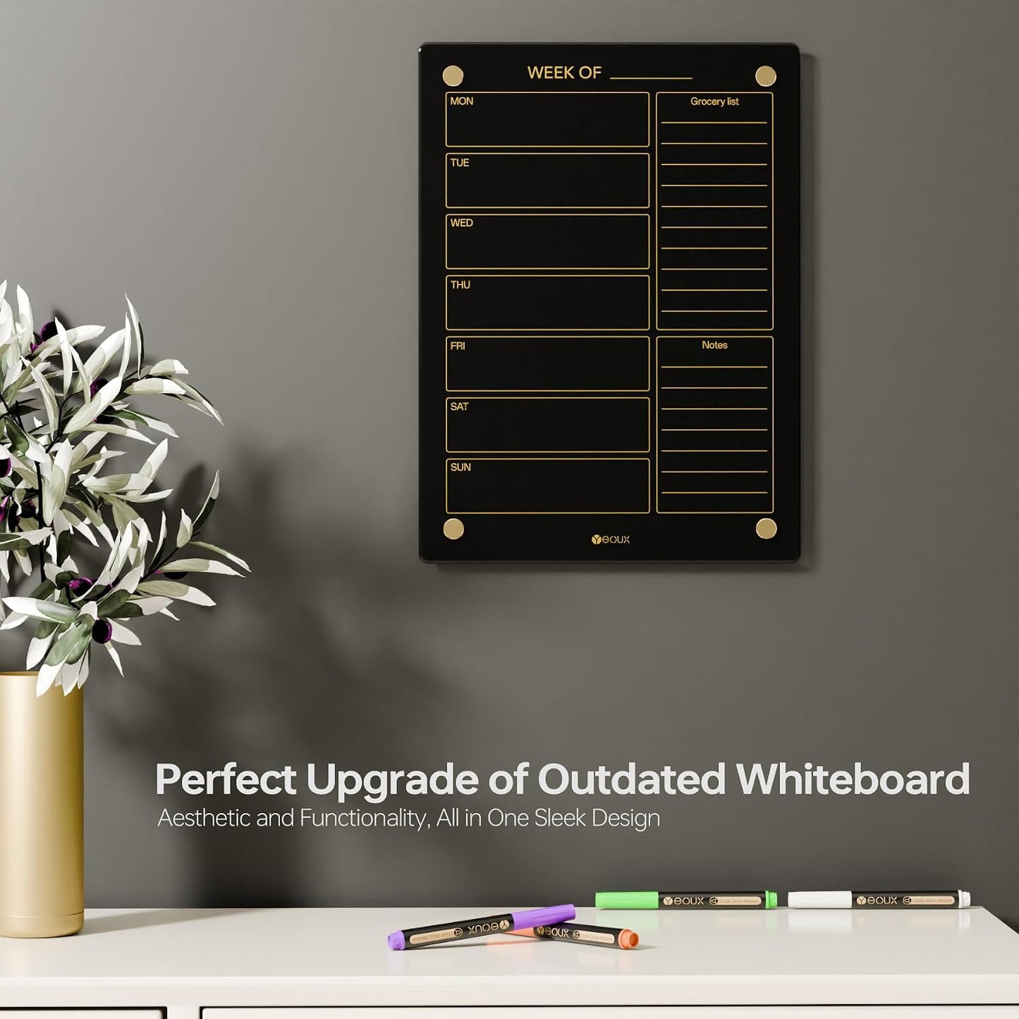 Yeoux Clear Glass Golden Weekly & Menu Dry Erase Calendar Board 15“x11 | Wall Mount, Non-Magnetic, Meal Planning & Grocery Shopping List Whiteboard for Kitchen & Home, 4 Markers