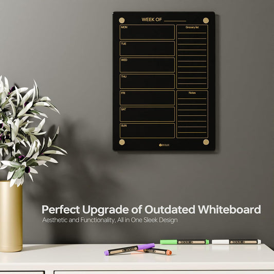 Yeoux Clear Glass Golden Weekly & Menu Dry Erase Calendar Board 15“x11 | Wall Mount, Non-Magnetic, Meal Planning & Grocery Shopping List Whiteboard for Kitchen & Home, 4 Markers