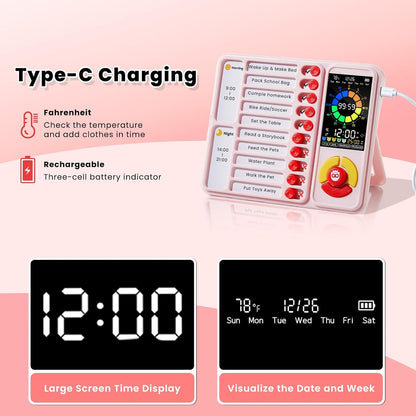 ADHD Tool for Kids, 5-in-1 Visual Timer with Chore Chart Board, Visual Schedule for Kids, 12/24 Task Timer with 99'59'' Countdown/Countup, 5 Alarms, Silent Operation Visual Schedule for Autism - Pink
