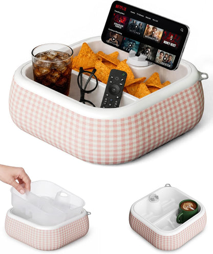 Bedside Caddy with Phone & Kindle Stand, Couch Organizer Tray with Adjustable Tablet Holder, Bed Organizer Storage Basket with Removable Dividers for Remote Controls, Snacks and Bedroom Essentials