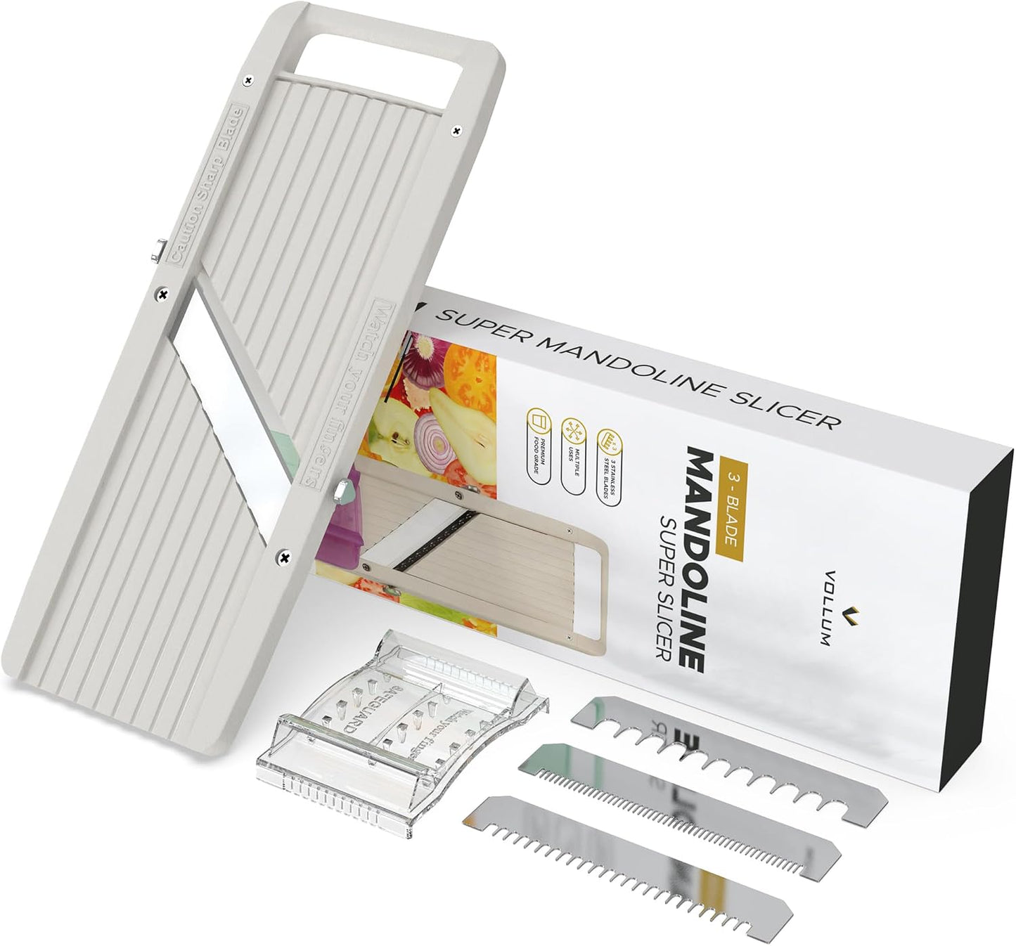 Vollum Mandoline Slicer Vegetable Cutter Stainless Steel Blades | Narrow handheld manual food slicer with interchangeable blades for precise, professional-style kitchen prep.