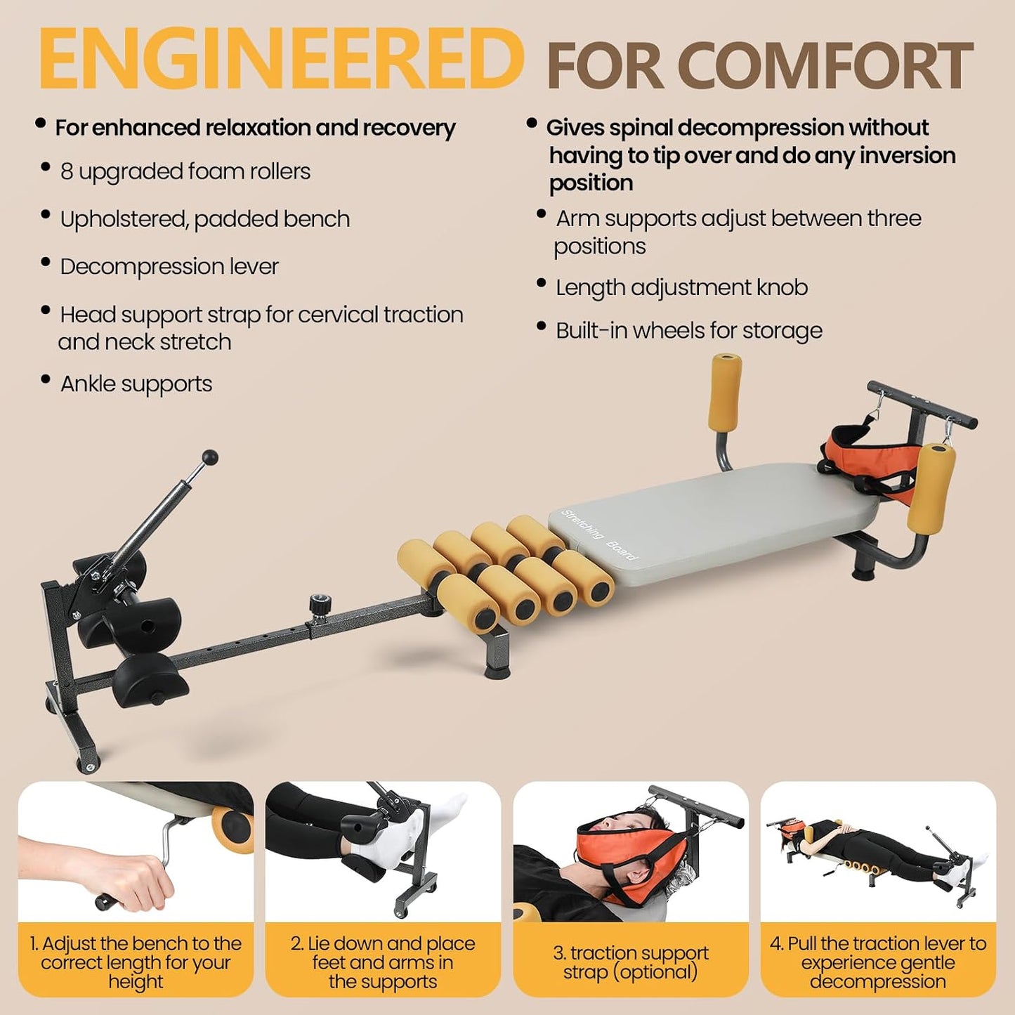 Lumbar Decompression Table with Cervical Traction, Height & Length Adjustable Back Stretcher Machine with Foam Rollers, 330lbs Capacity Spine Stretcher for Pain Relief & Spinal Alignment