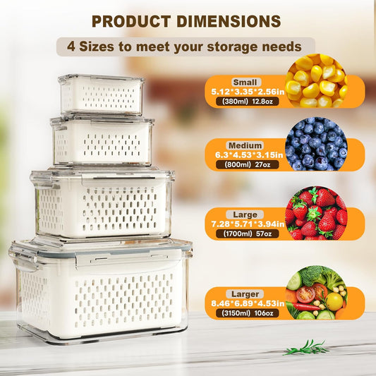 Dayacoco Fruit Storage Containers for Fridge 4 Pcs with Drain Basket | Fridge organizers & storage - 4 fruit containers w/ drain baskets, BPA-free PP, leak-proof seal, stackable, DW/MW safe.
