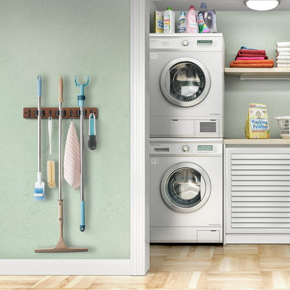 OUTNILI Mop and Broom Holder Wall Mount - Wood Broom Mop Hanger - Wall Mounted Garden Tool Rack Organizer for Closet Garage Laundry Room, Rustic Kitchen Decor With 4 Slots & 4 Hooks