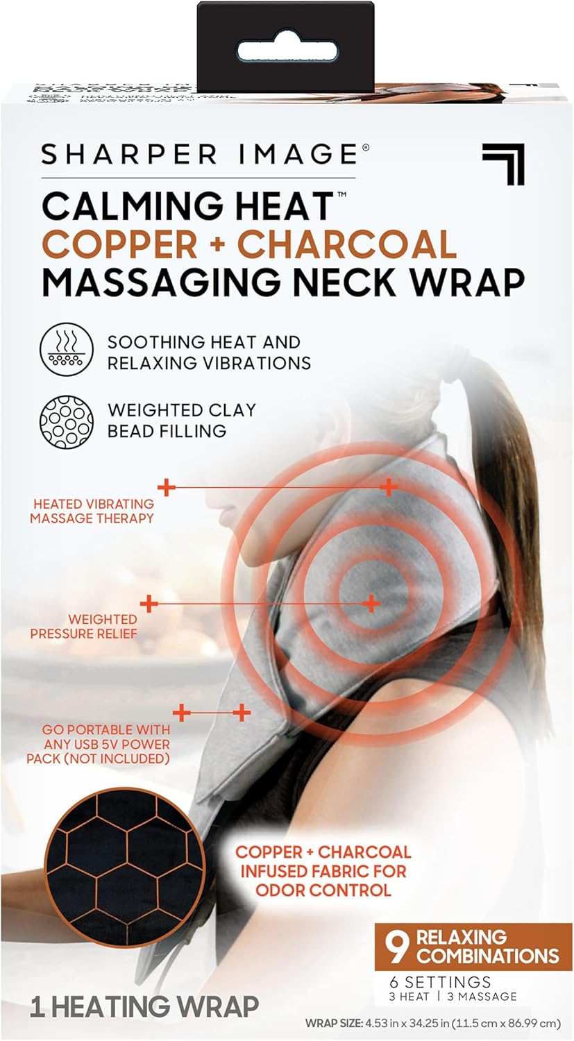 Calming Heat Neck Wrap by Sharper Image Copper & Charcoal Infused Personal Electric Neck Heating Pad with Vibrations, 3 Heat & 3 Vibration Settings- 9 Relaxing Combinations